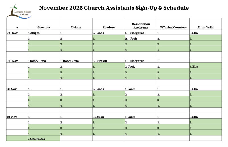 Church Assistants Sign-up & Schedule